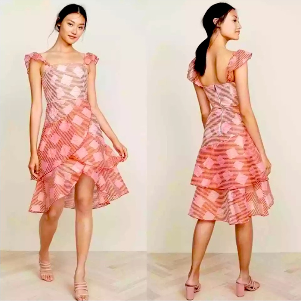 Alice & Olivia Acura Waterfall Ruffle Dress Women Red And Pink Size 4